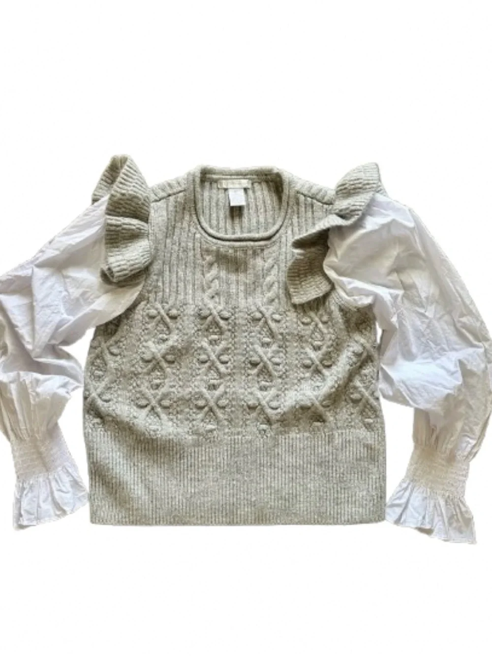 Design History Cable Knit Sweater Blouse Gray White Puff Sleeve Ruffle Cottage M